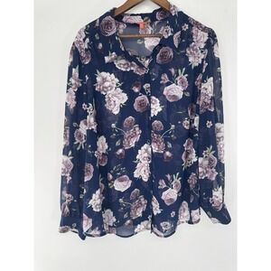 Modcloth 3x Sheer Long sleeve Blouse Navy purple flowers fairy spring bloomcore